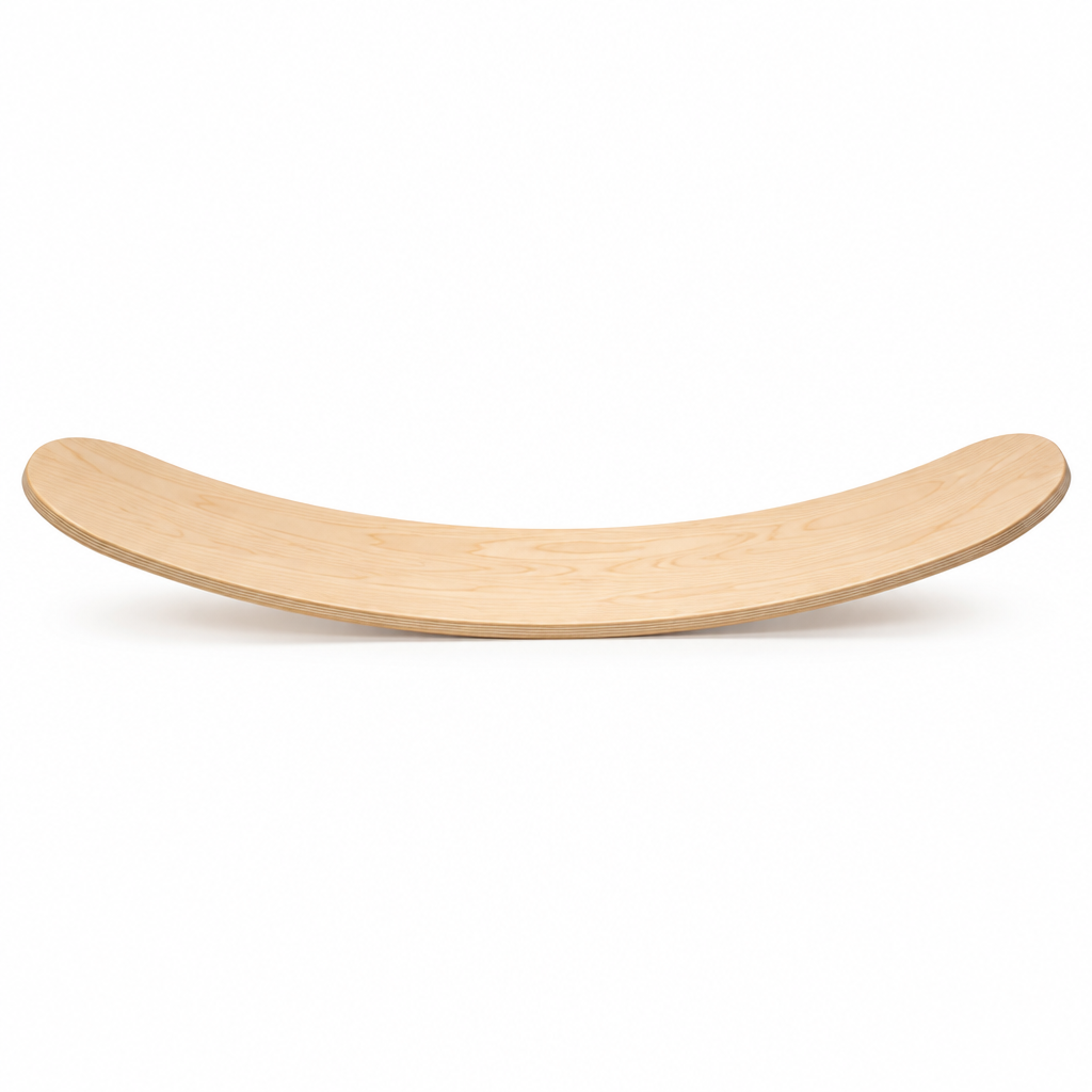 Long natural maple plywood curved balance board standing alone, side view on white