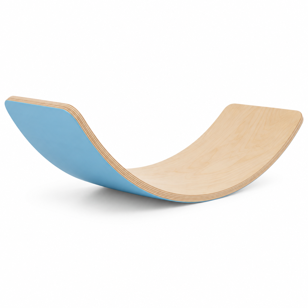 Deep-curved birch plywood rocker balance board with sky-blue underside on white