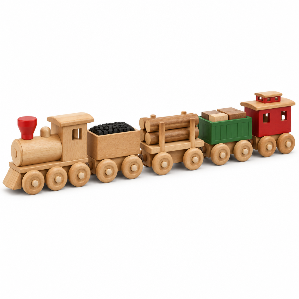 Five-car alder wood toy train with red smokestack engine, coal car, flatbed with logs, green gondola and red caboose on white