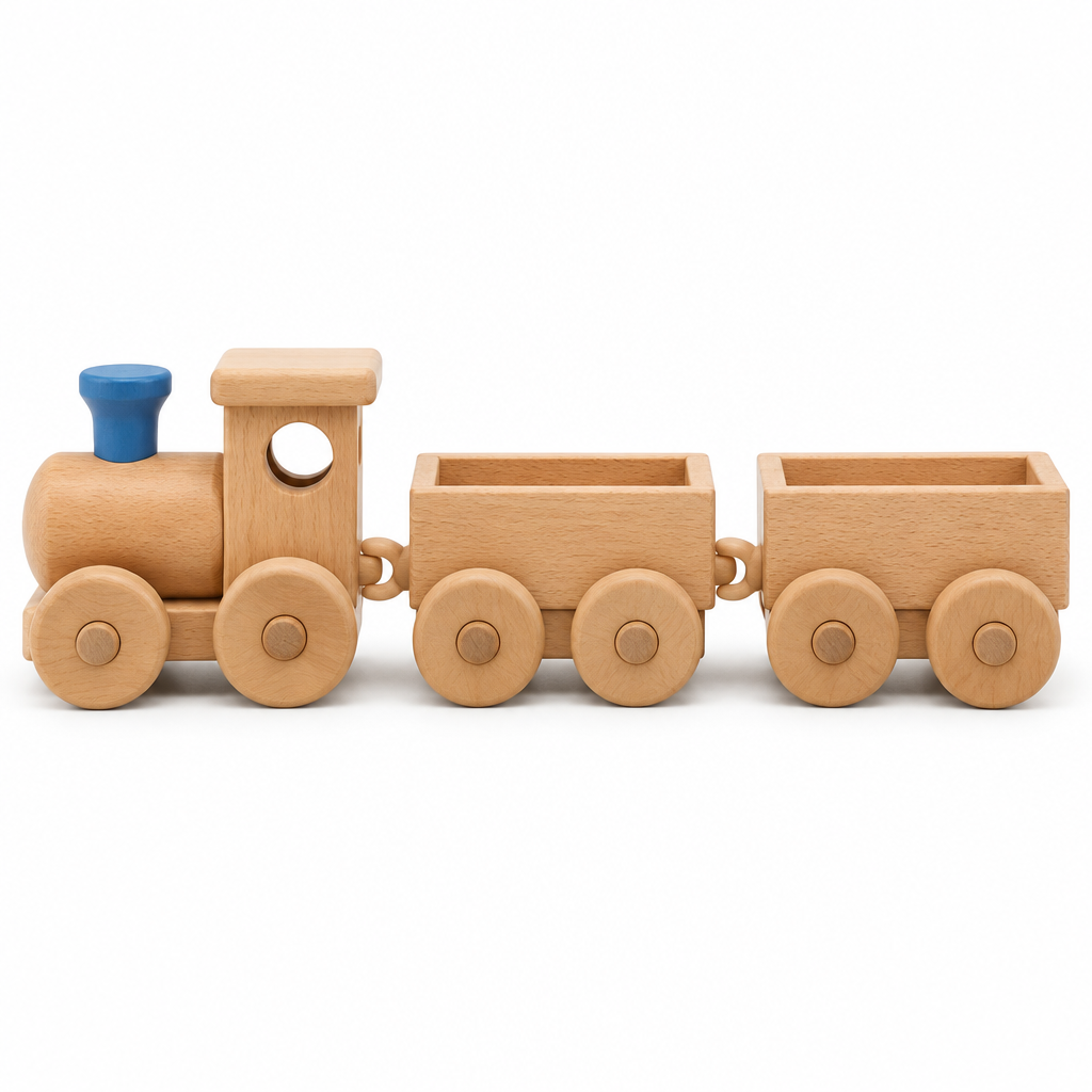 Chunky beech wood toy train with blue chimney engine and two open trailers, profile on white