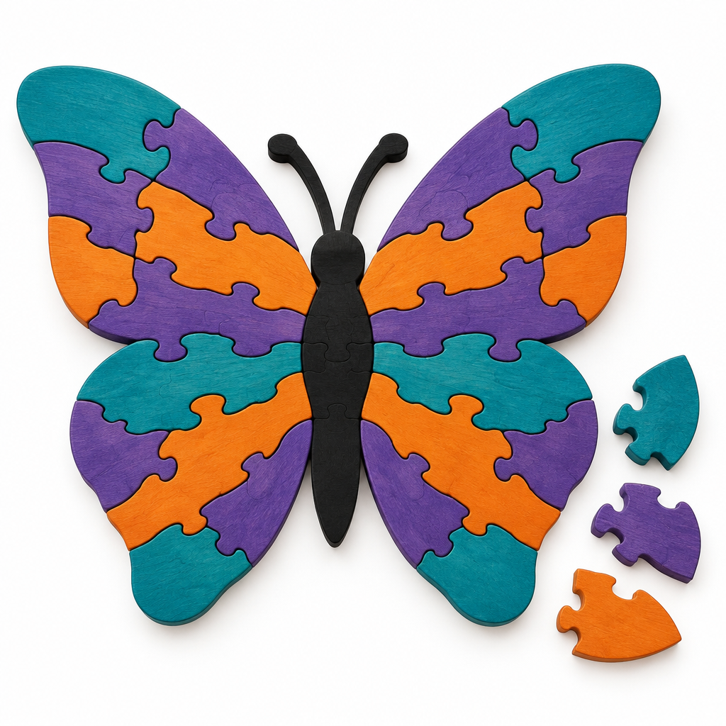 Large wooden butterfly jigsaw in teal, violet and orange, nearly complete with loose pieces, on white
