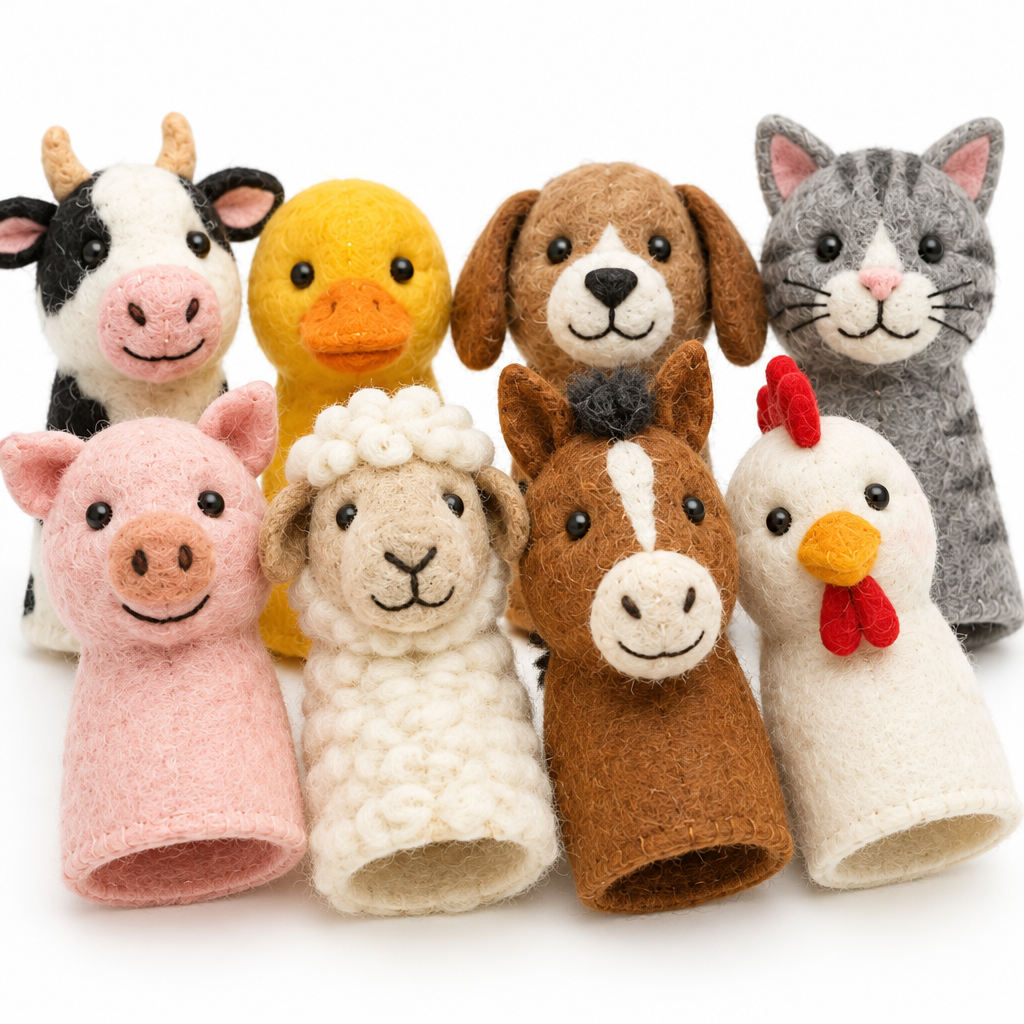 Close-up of the embroidered faces on the felt cow and pig finger puppets
