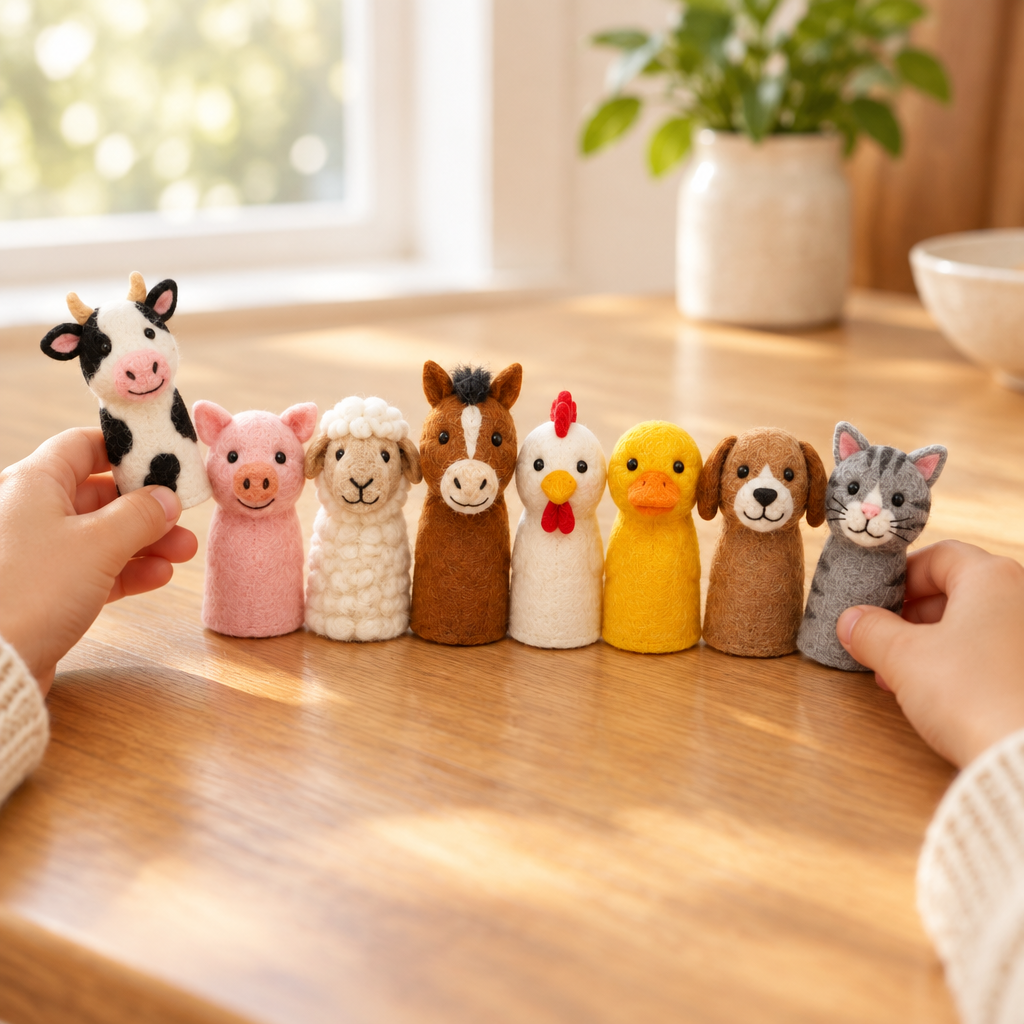 Child's hands wearing farm animal finger puppets at a kitchen table