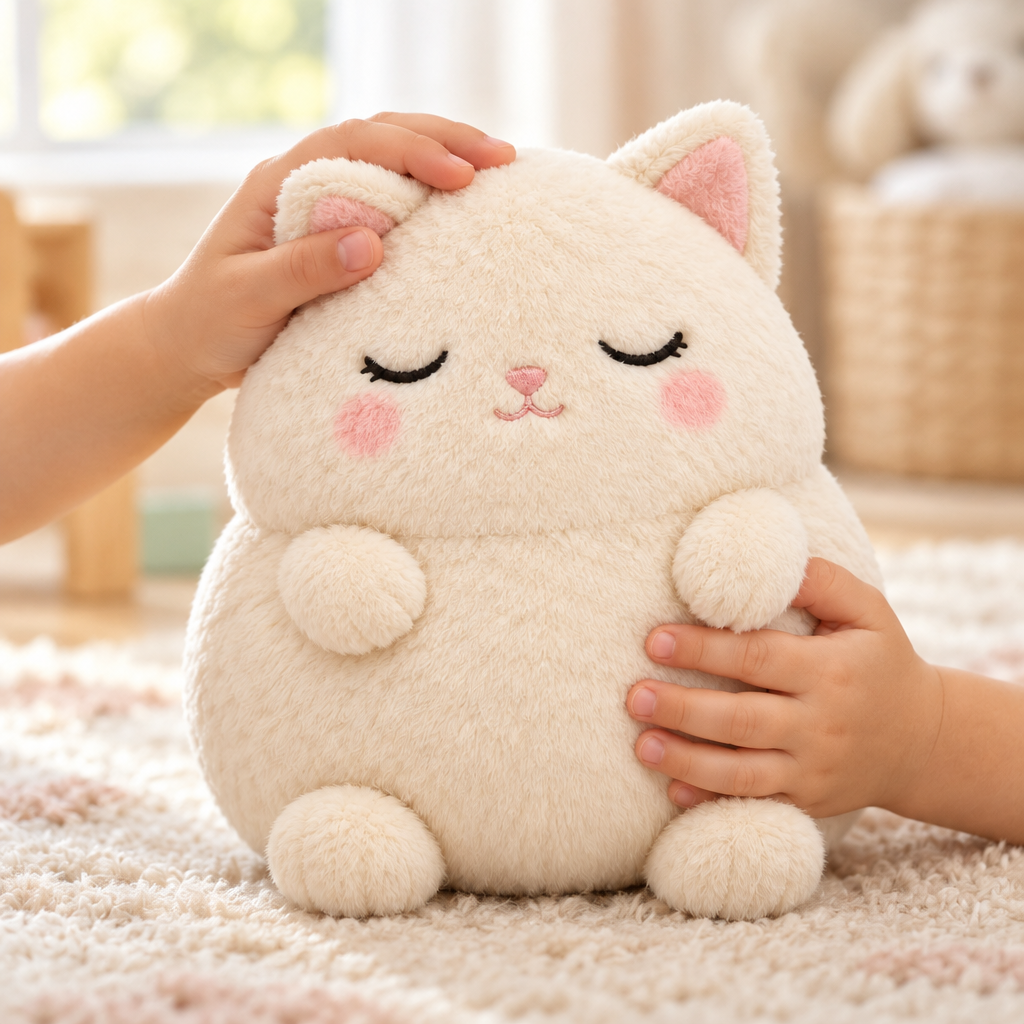 Child's hands hugging the cream sleepy cat plush in a soft nursery
