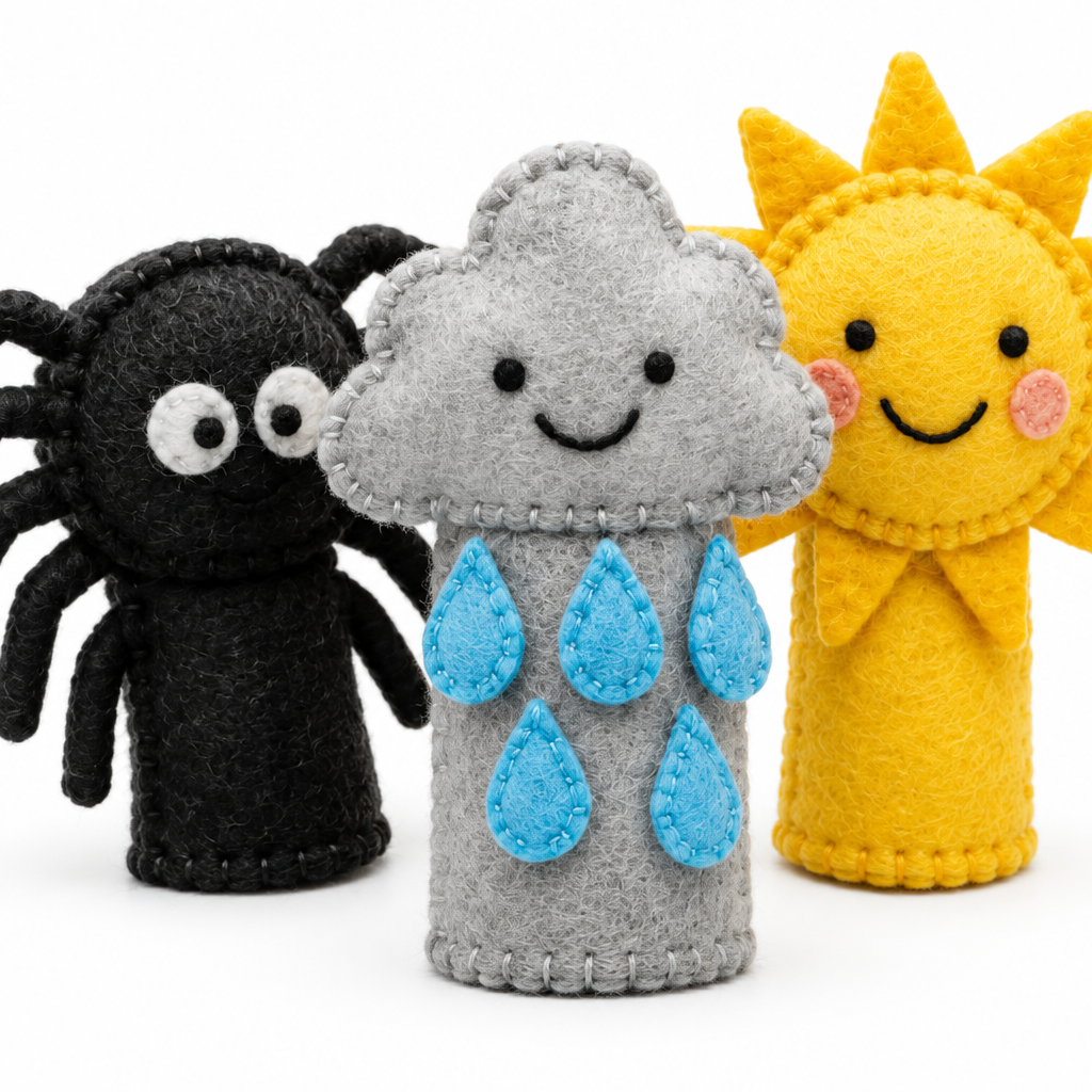 Close-up of the felt spider's stitched eyes and the raincloud's sky-blue raindrops
