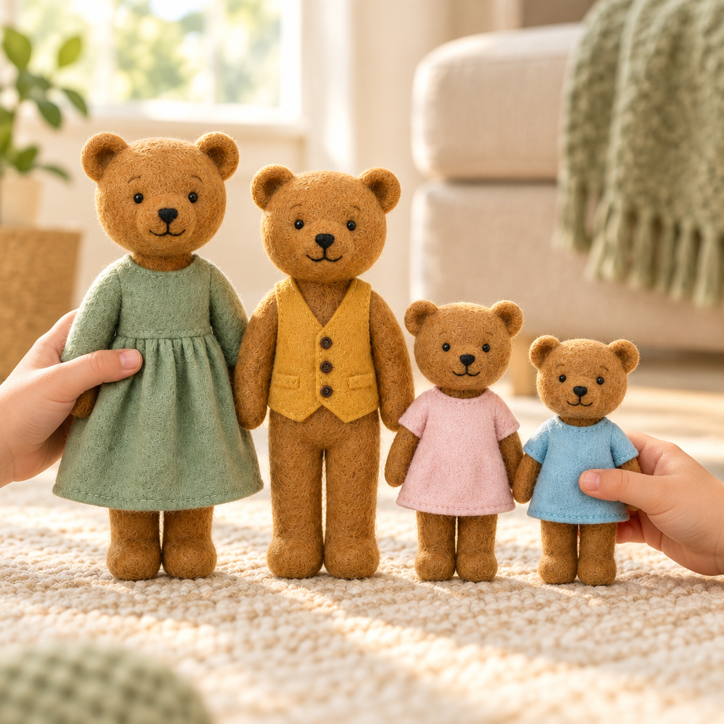 Child's hands walking the felt bear family across a living room floor