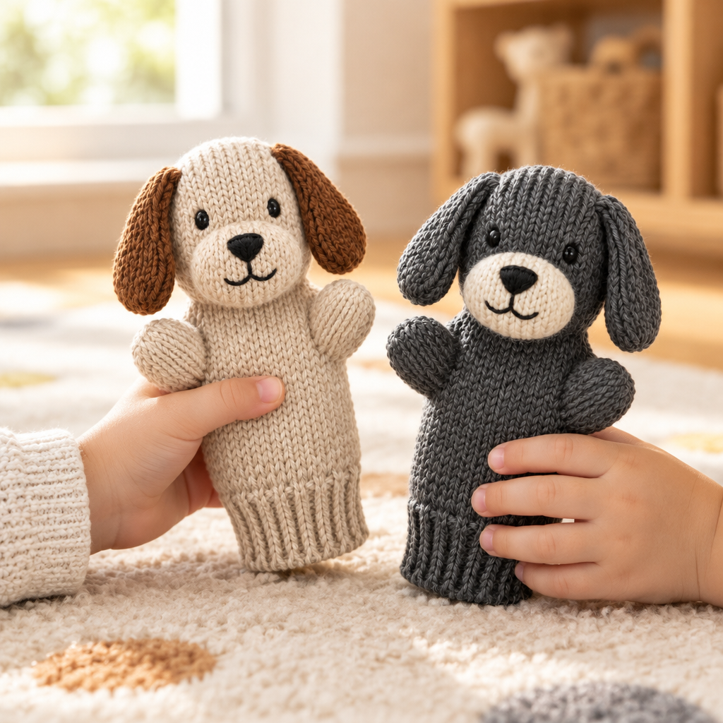Child's hands wearing the knit dog puppets in a bright playroom