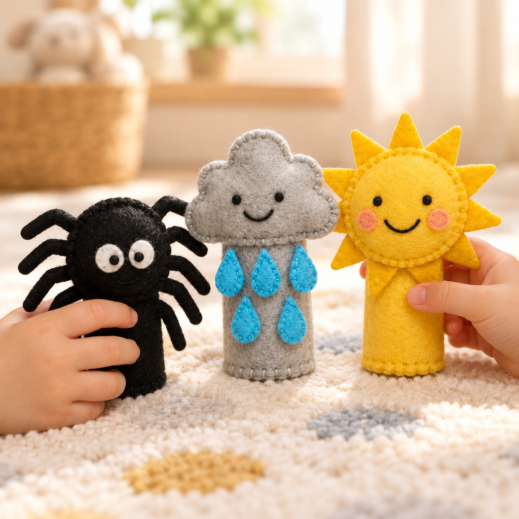Child's hands acting out the spider rhyme with felt finger puppets in a nursery