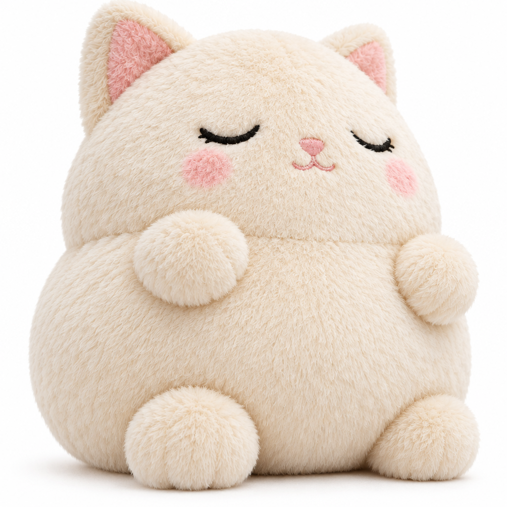 Close-up of the sleepy cat plush's embroidered eyes, tiny pink nose and blush cheeks