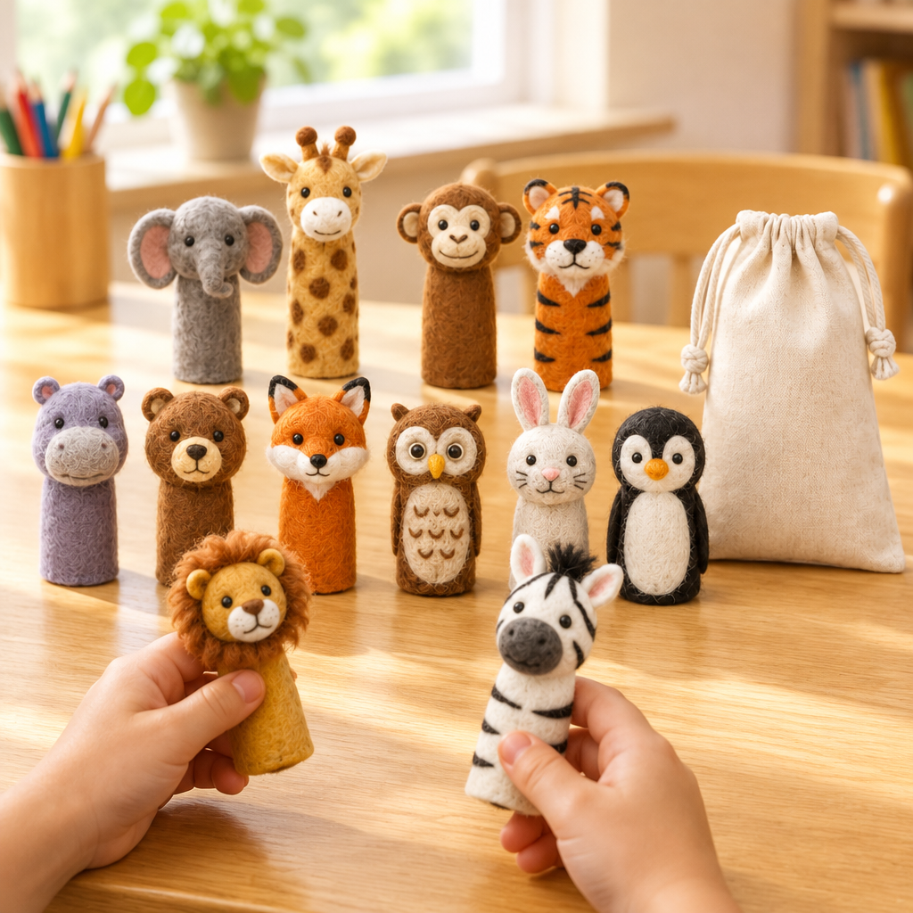 Child's hands wearing animal finger puppets at a classroom table