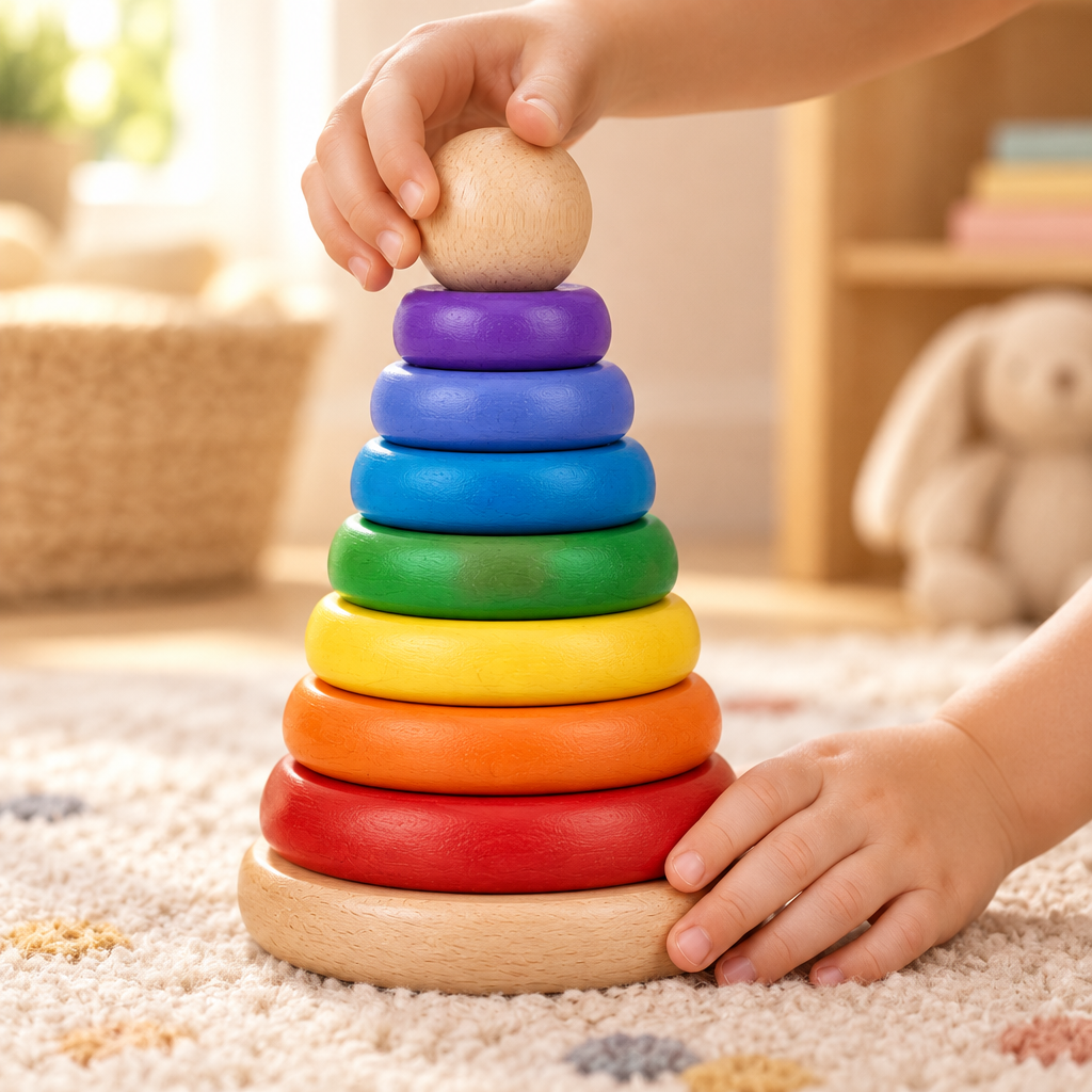 Toddler's hands sliding a red ring onto the wooden rainbow stacker in a nursery