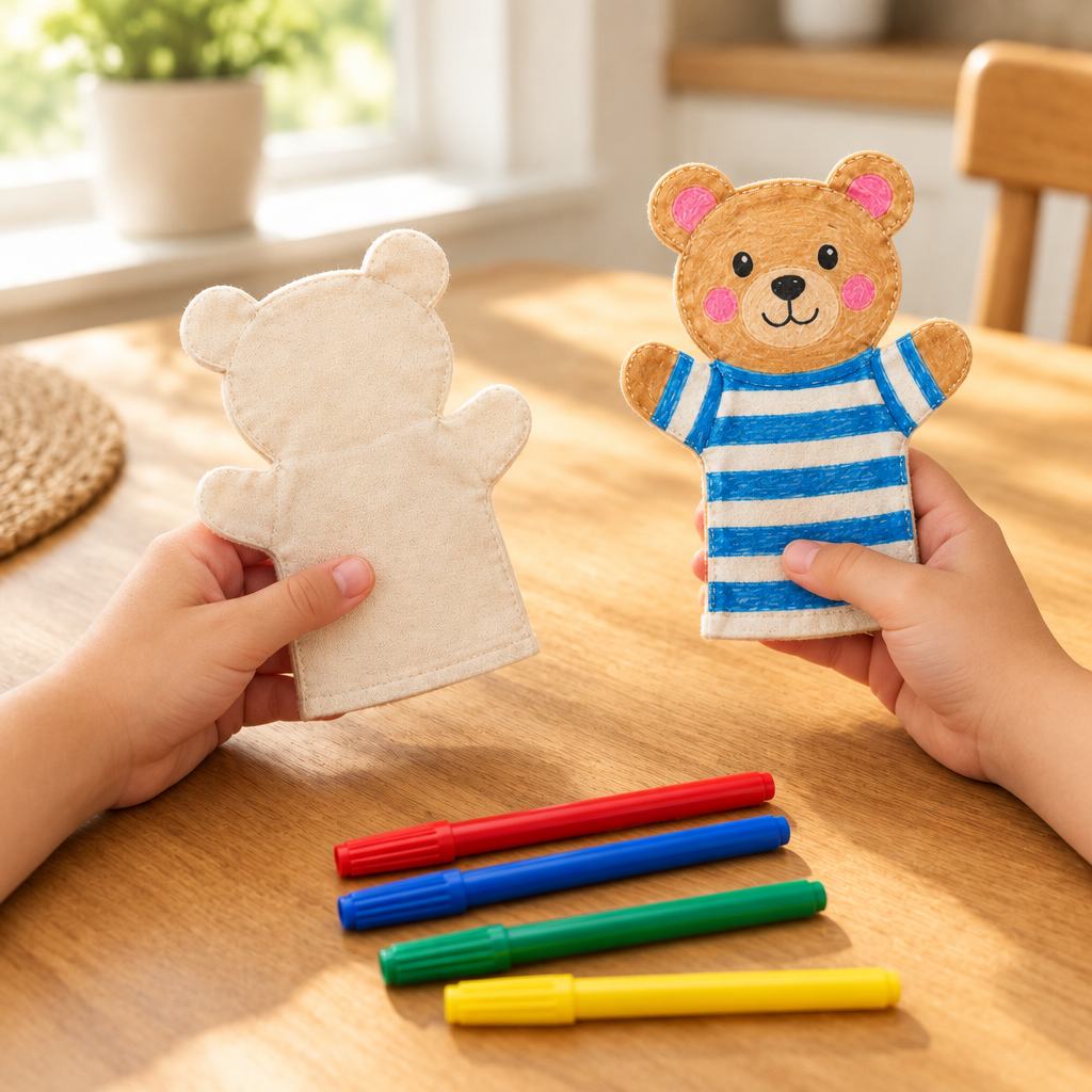 Child's hands coloring the canvas bear puppet at a kitchen table