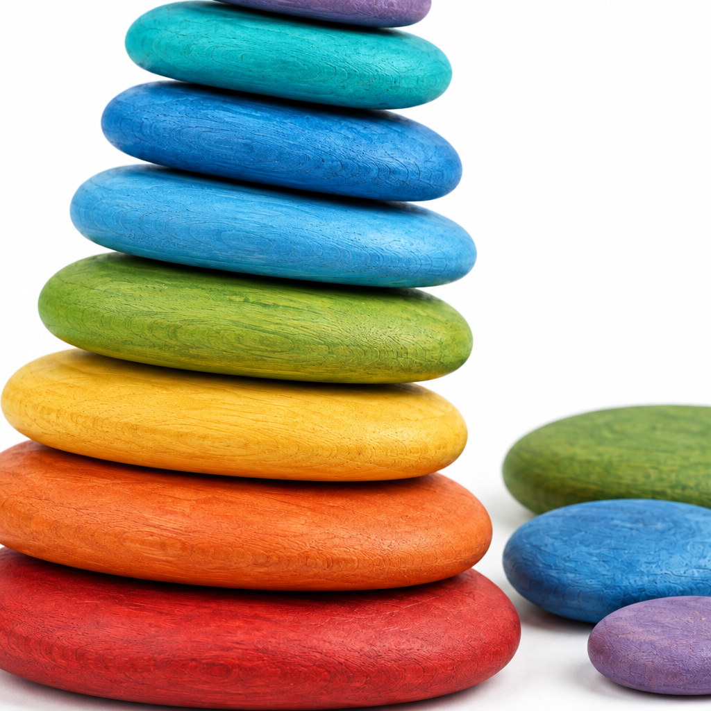 Close-up of the translucent rainbow stain showing wood grain on the balance stones