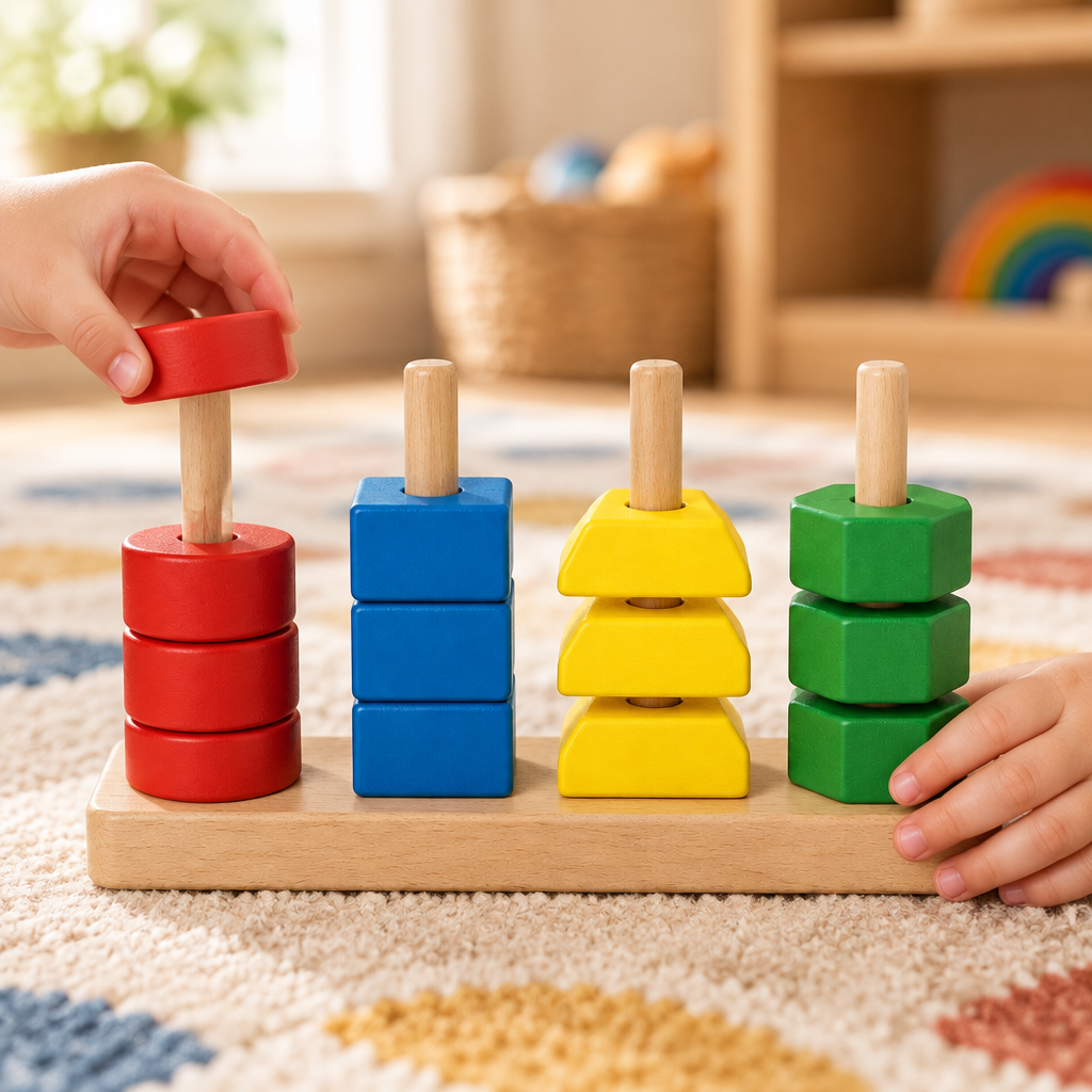 Toddler's hands placing a blue square onto the shape sorter in a playroom