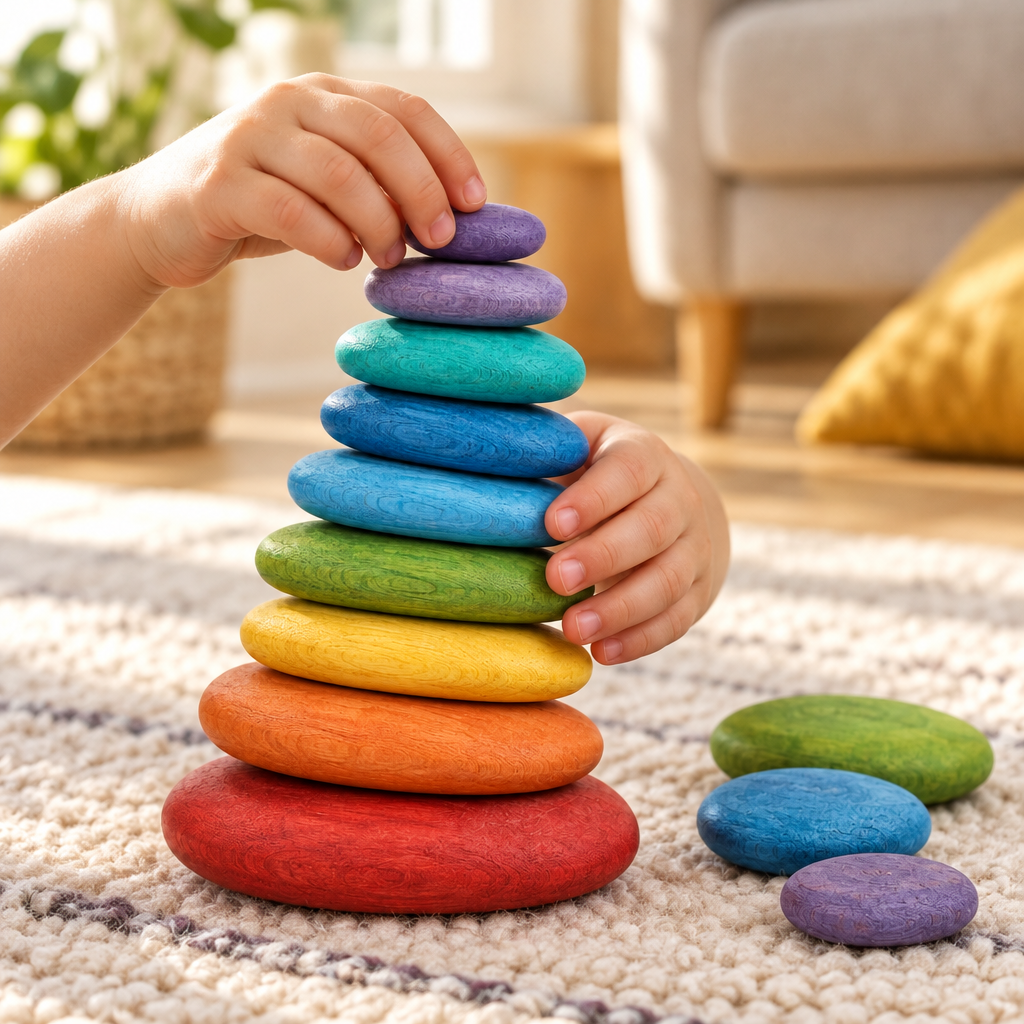 Child's hands balancing a violet stone on a rainbow tower on a living room floor