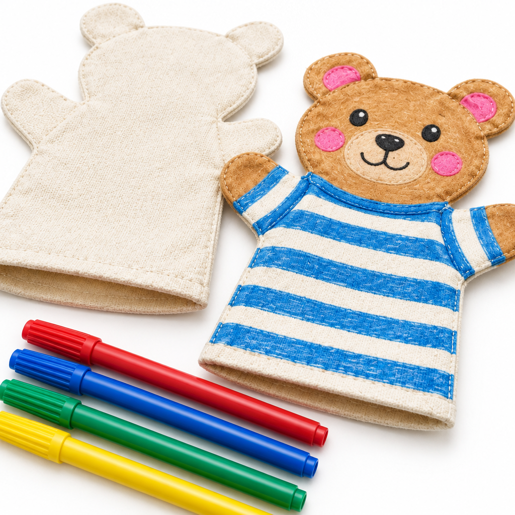 Close-up of a colored canvas bear puppet with a striped shirt and rosy cheeks