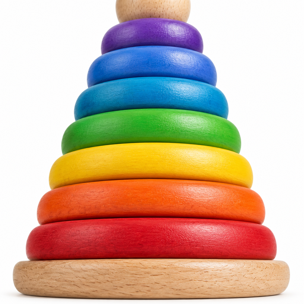 Close-up of the smooth sanded edges and rainbow paint on the wooden stacking rings