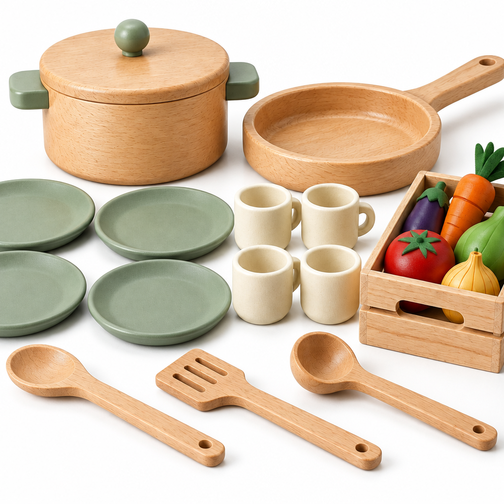Close-up of the wooden pot lid, ladle and sage-green plates