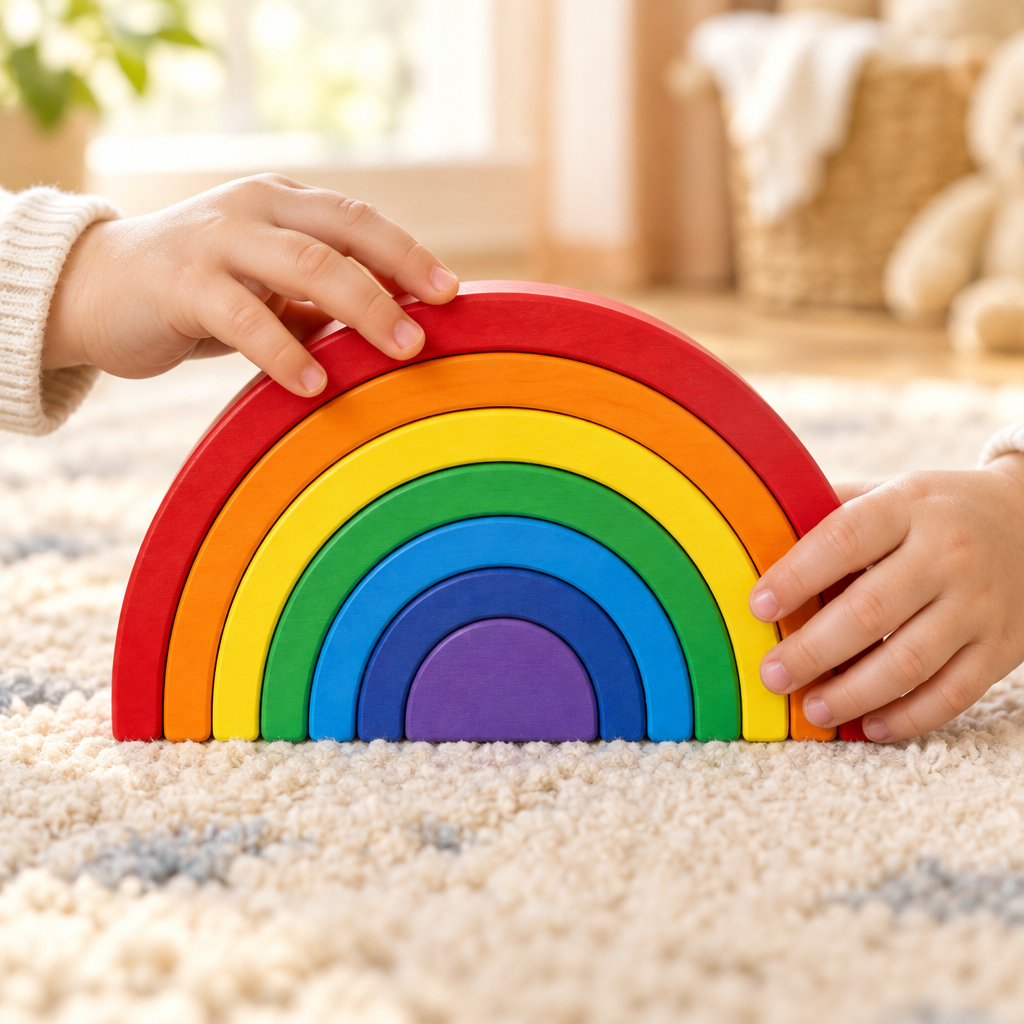 Toddler's hands building a tunnel from rainbow arches in a nursery