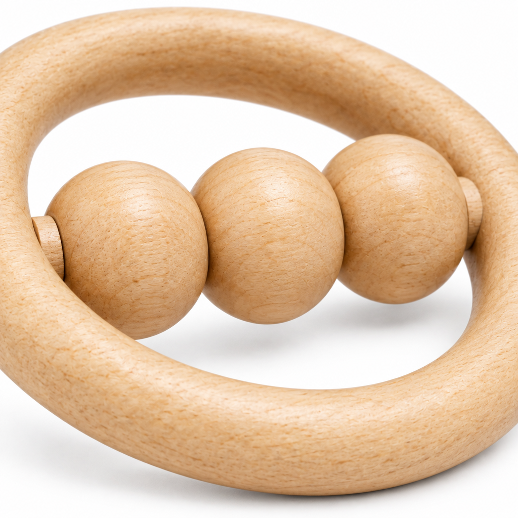 Close-up of the captive wooden beads and smooth beeswax-finished maple ring