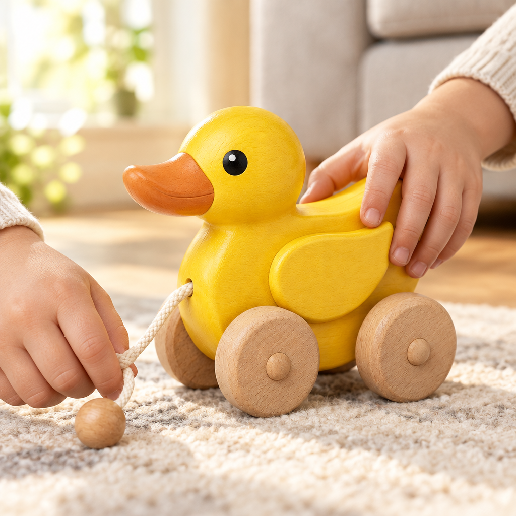 Toddler's hand holding the bead handle while pulling the wooden duck across a living room floor