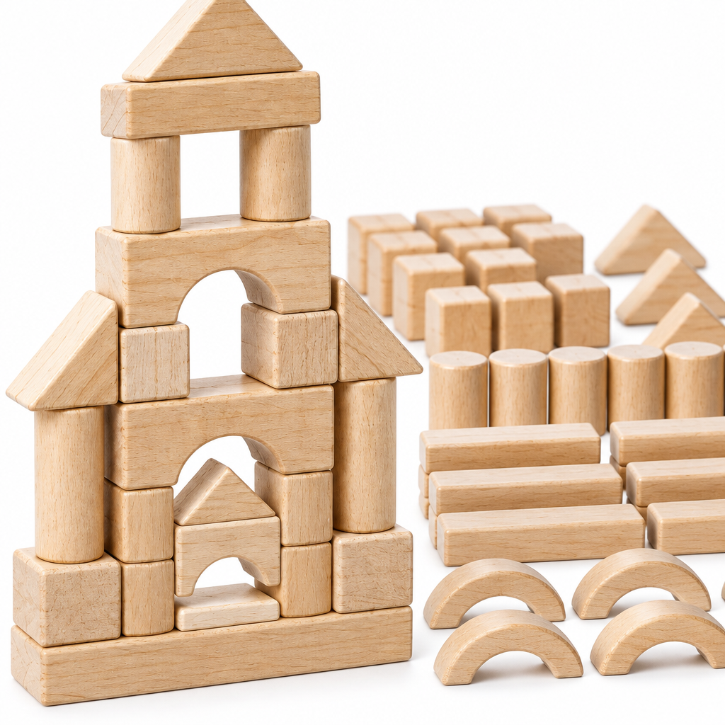 Close-up of beeswax-finished wooden arches, cylinders and planks showing the grain