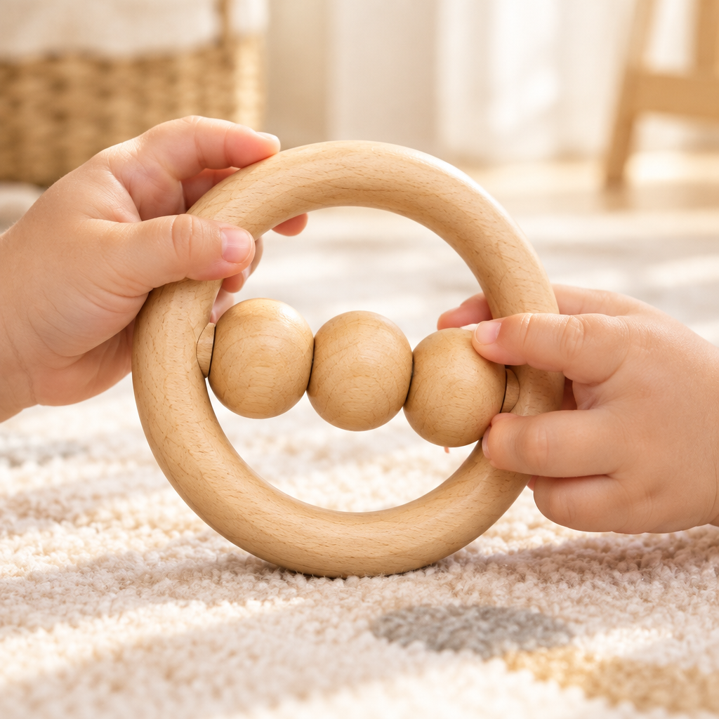 Baby's hands gripping the maple ring rattle in a calm nursery