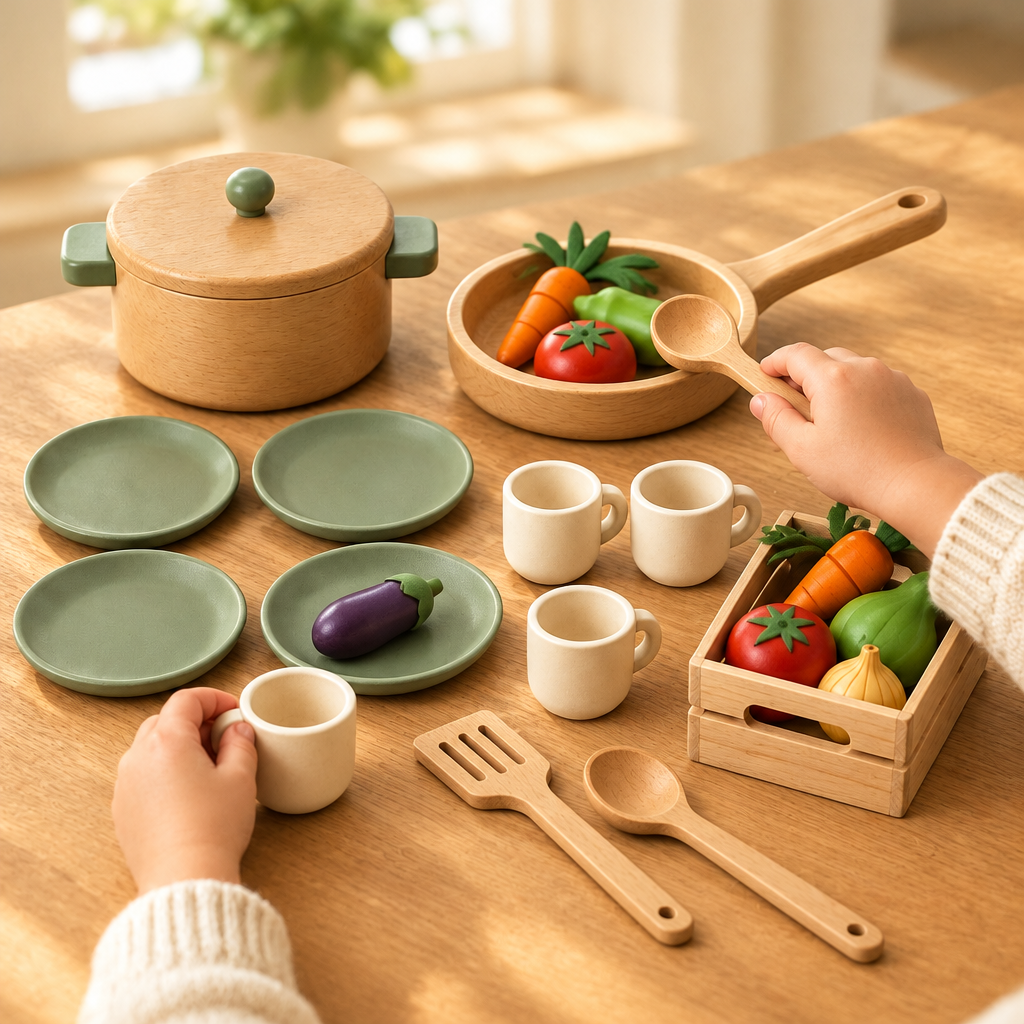 Child's hands serving play food from a wooden pan at a kitchen table