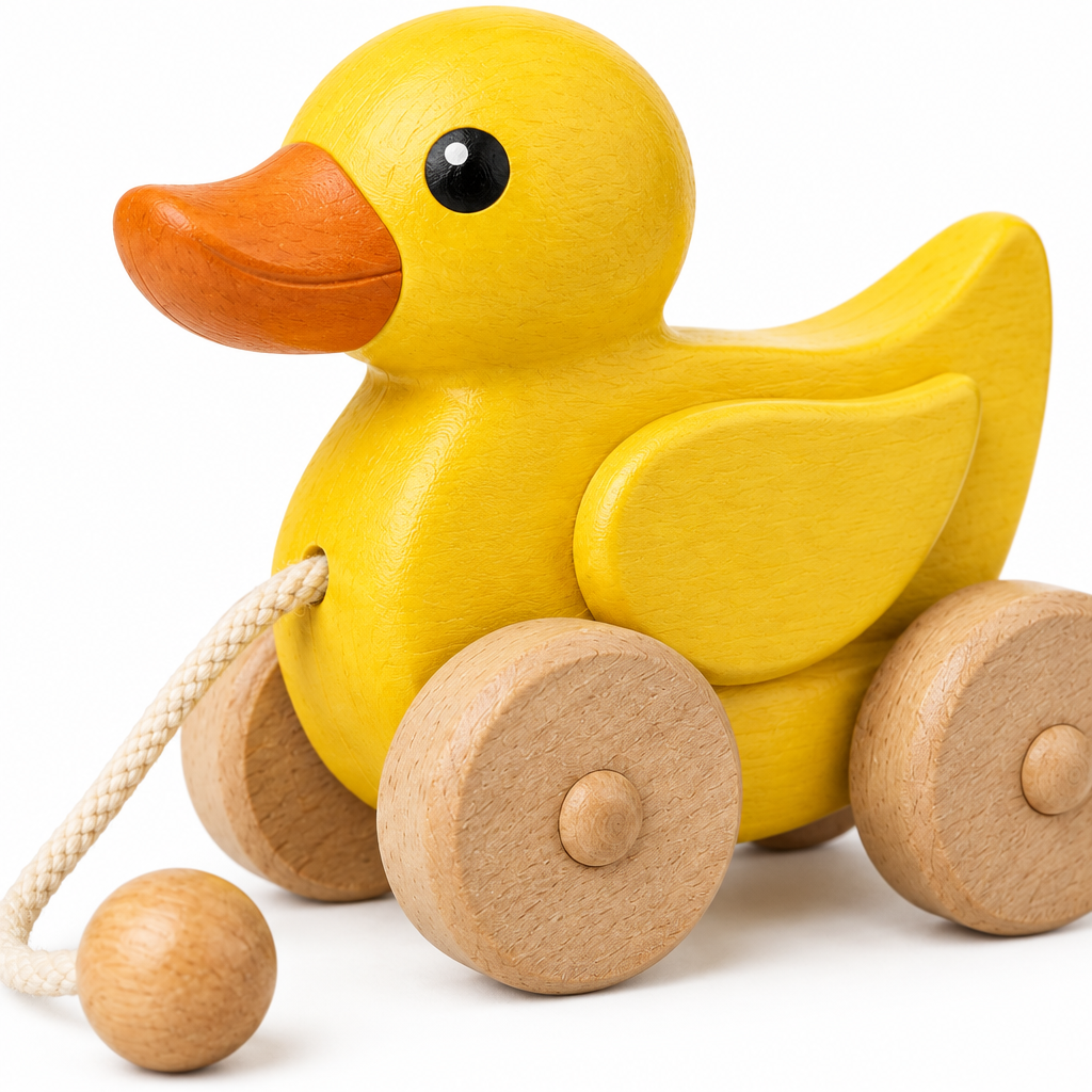 Close-up of the duck's off-center wooden wheels and painted orange beak