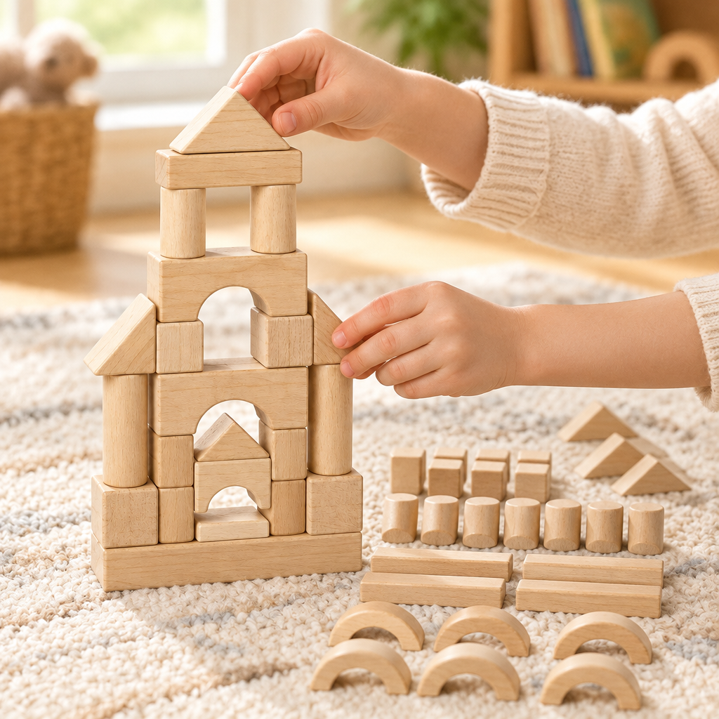 Child's hands stacking natural wooden blocks into a tower in a playroom