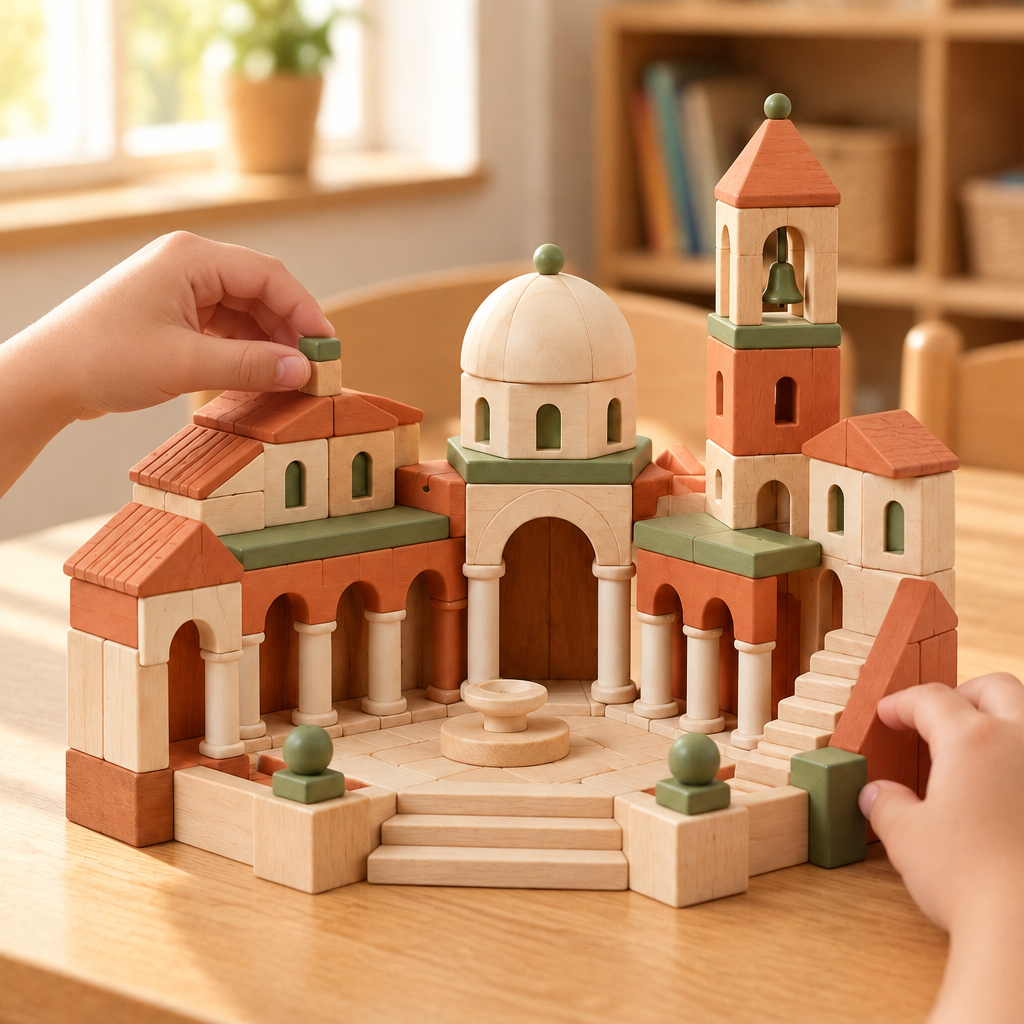 Child's hands placing a column under a wooden arch at a classroom table