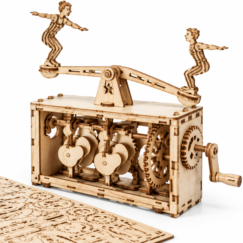 Close-up of the wooden cams, gears and side hand crank of the automaton