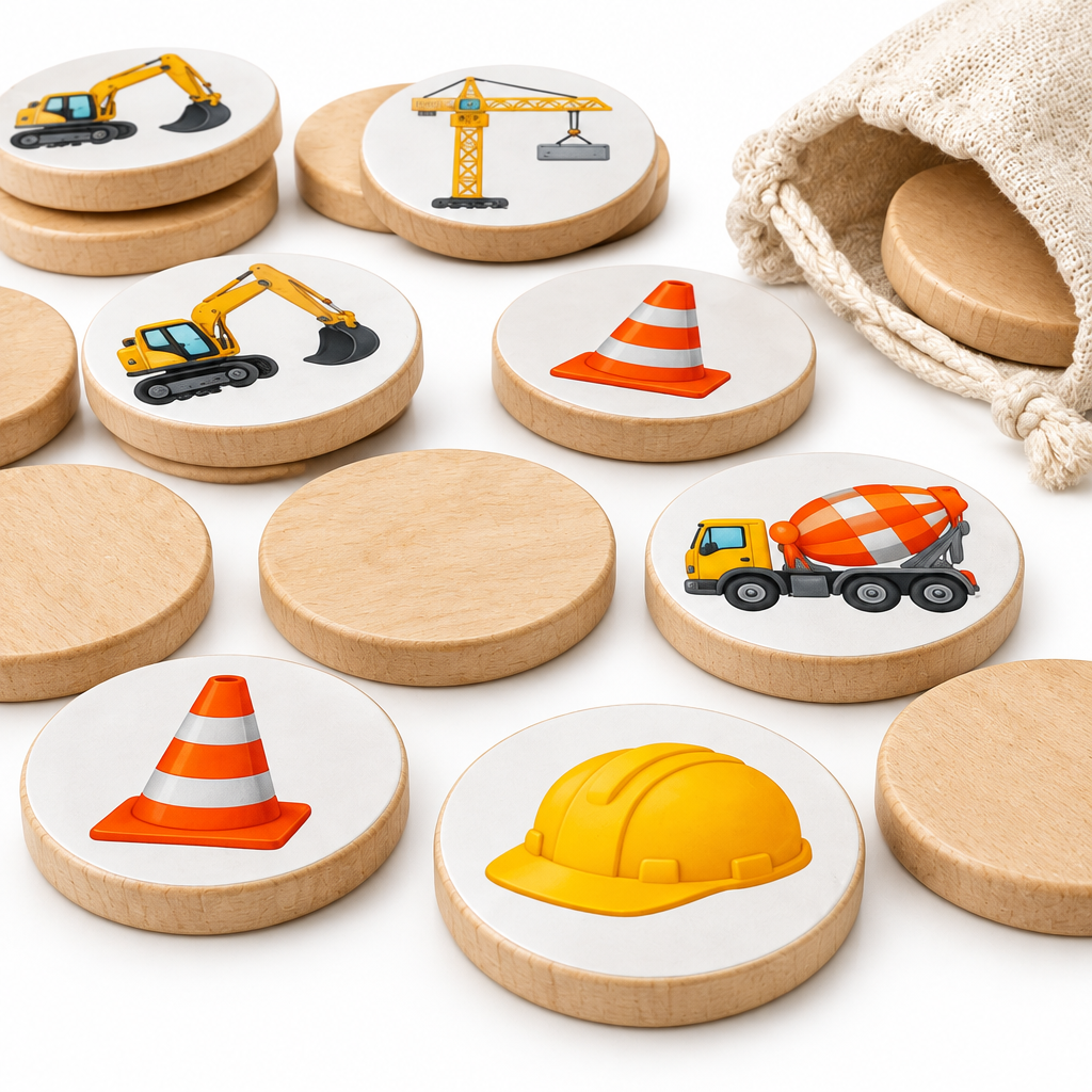 Close-up of wooden discs printed with an excavator, crane and cement mixer