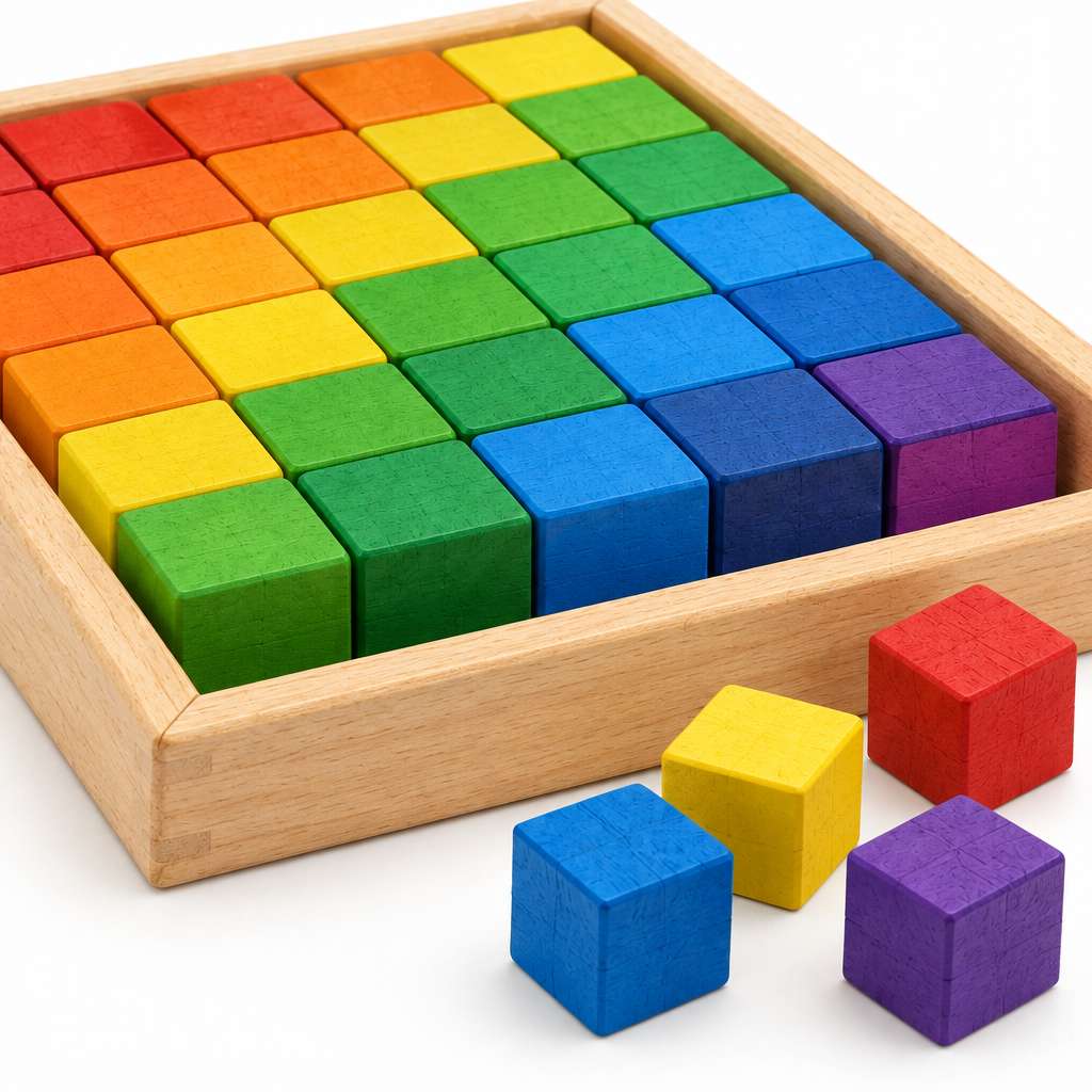 Close-up of painted one-inch cubes showing different colored faces