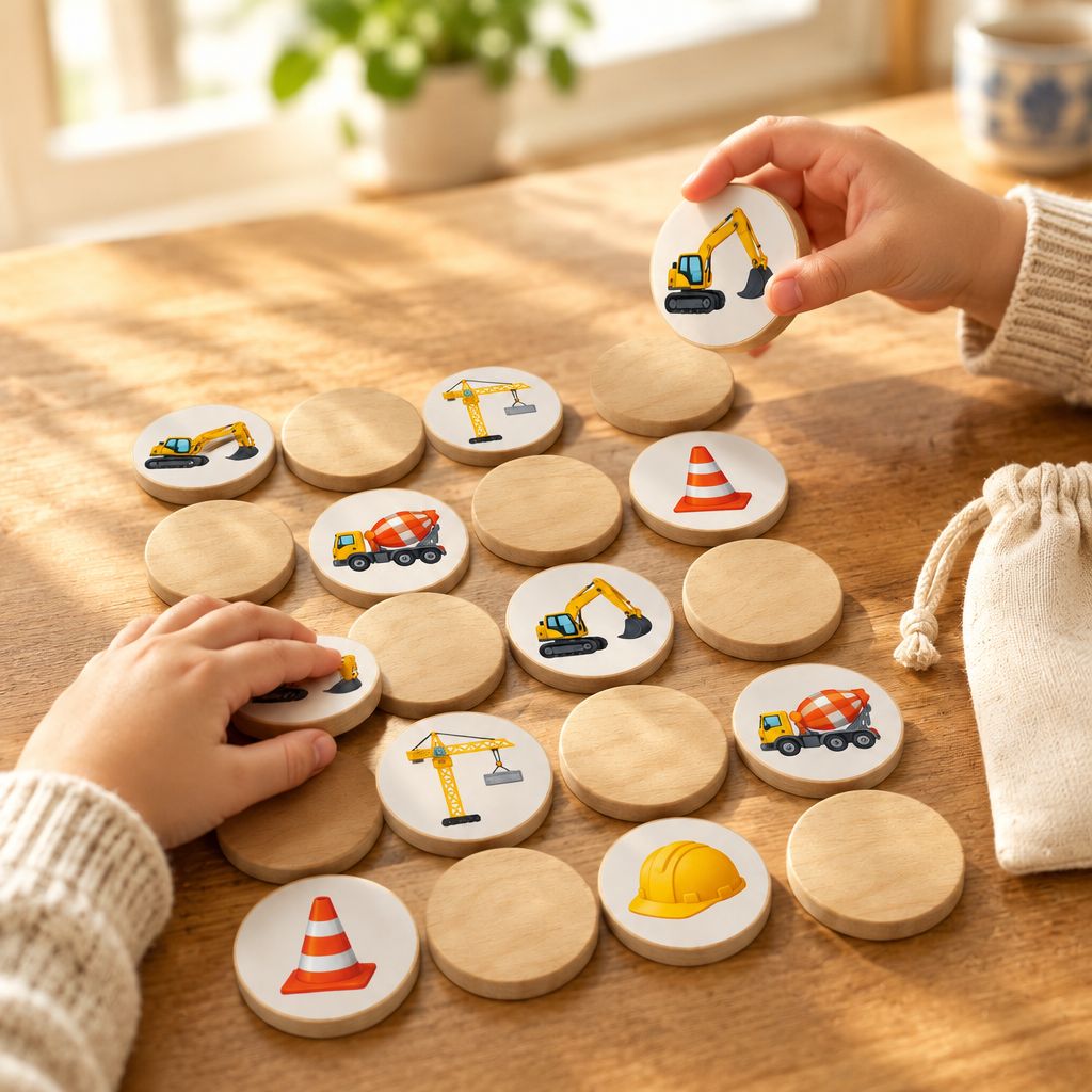 Child's hands flipping construction memory discs at a kitchen table