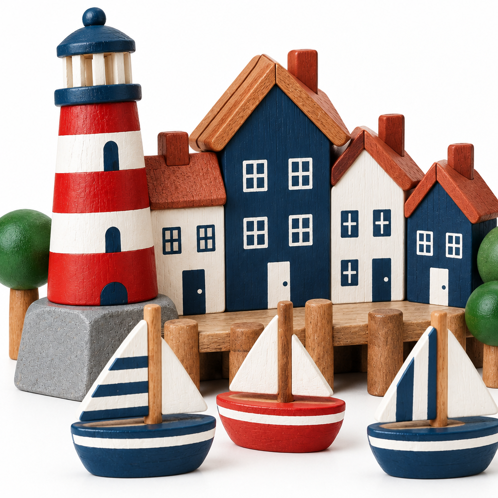 Close-up of the red-and-white striped wooden lighthouse and brick-red cottage roofs