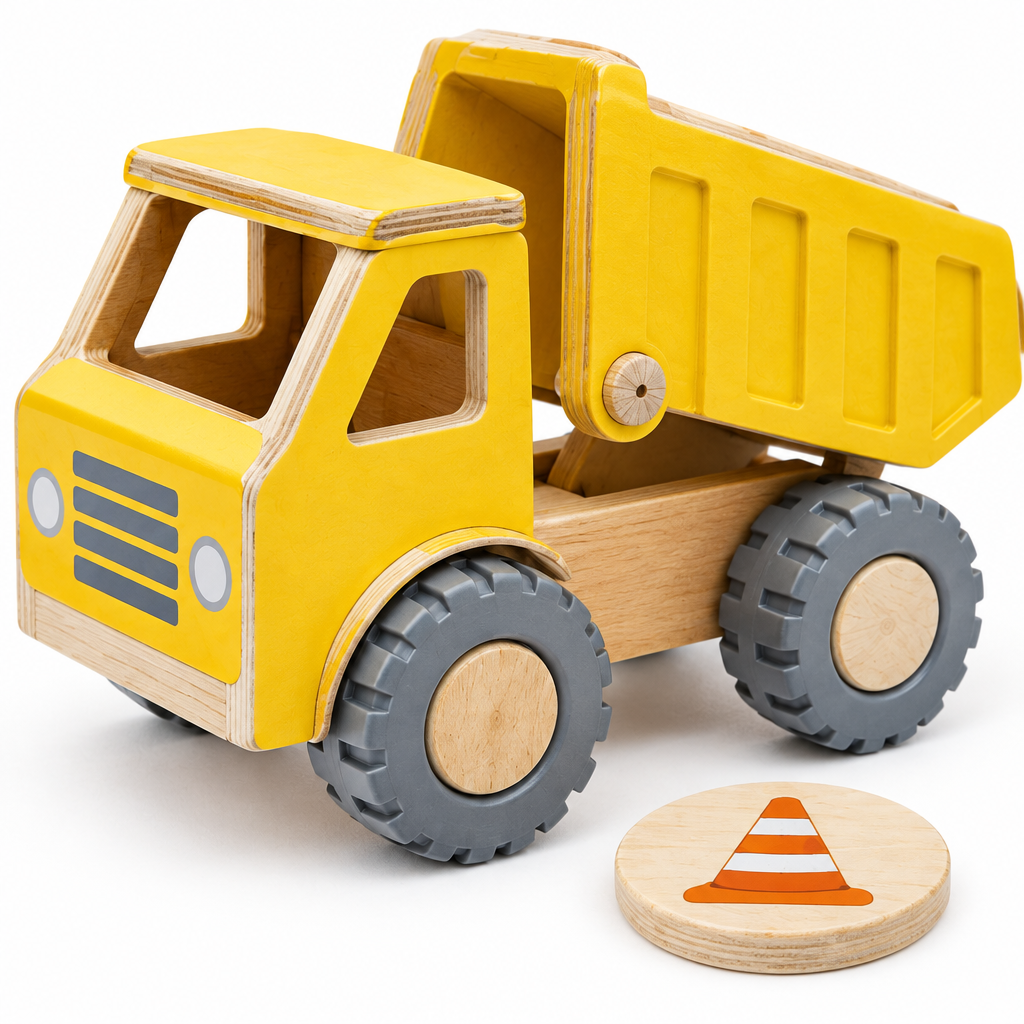 Close-up of round wooden tiles printed with a digger, crane and traffic cone
