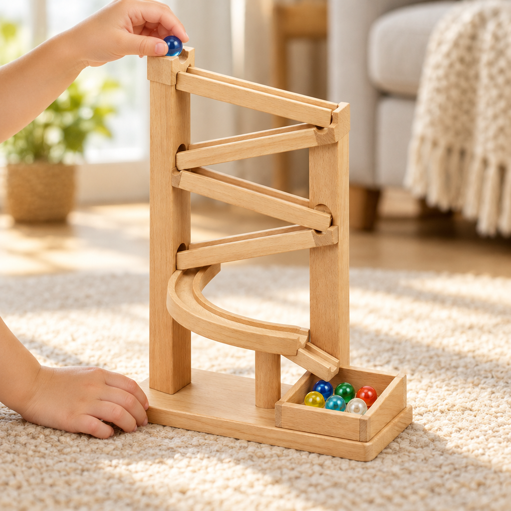 Child's hands dropping a marble into the top of the wooden marble run on a living room floor