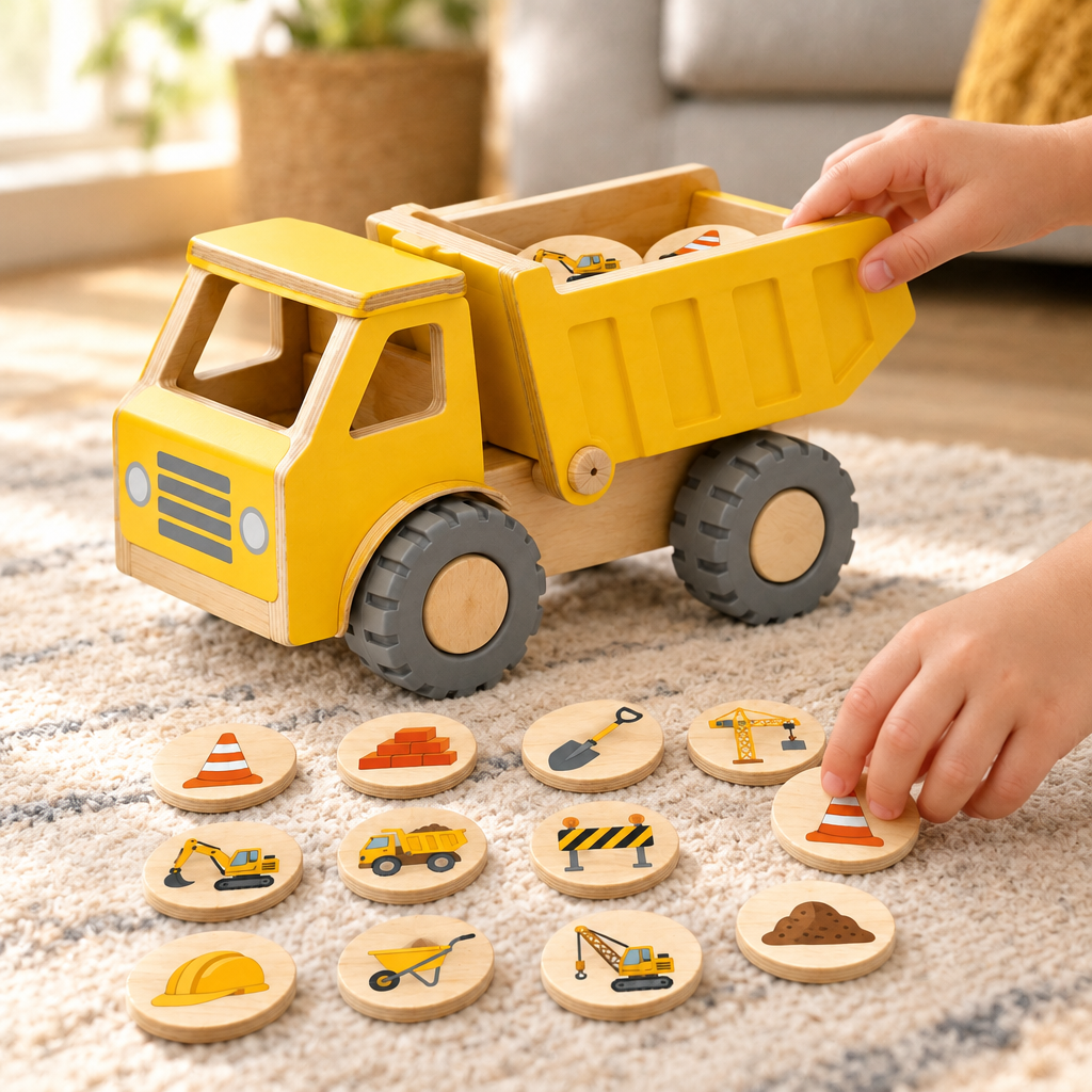 Child's hands loading construction tiles into the wooden dump truck on a living room floor