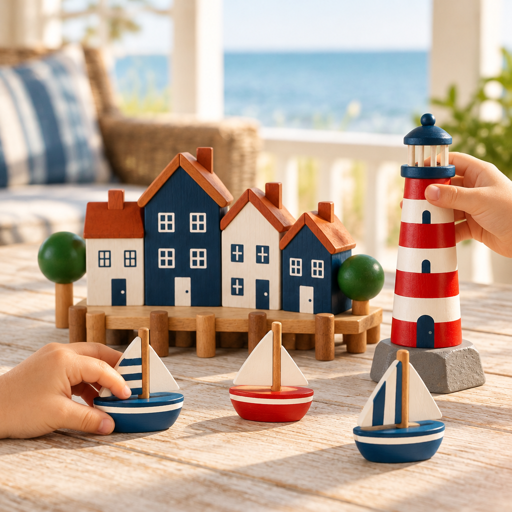 Child's hands sailing a small wooden boat past the lighthouse on a beach house porch