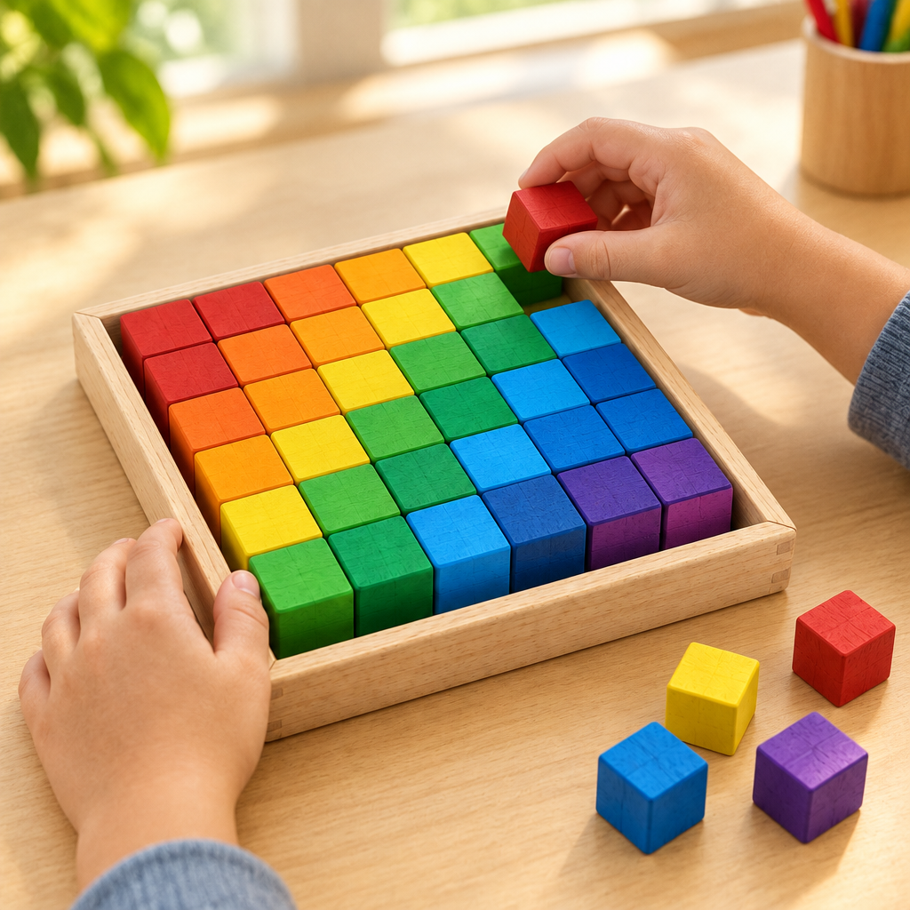 Child's hands turning mosaic cubes in the tray at a classroom table