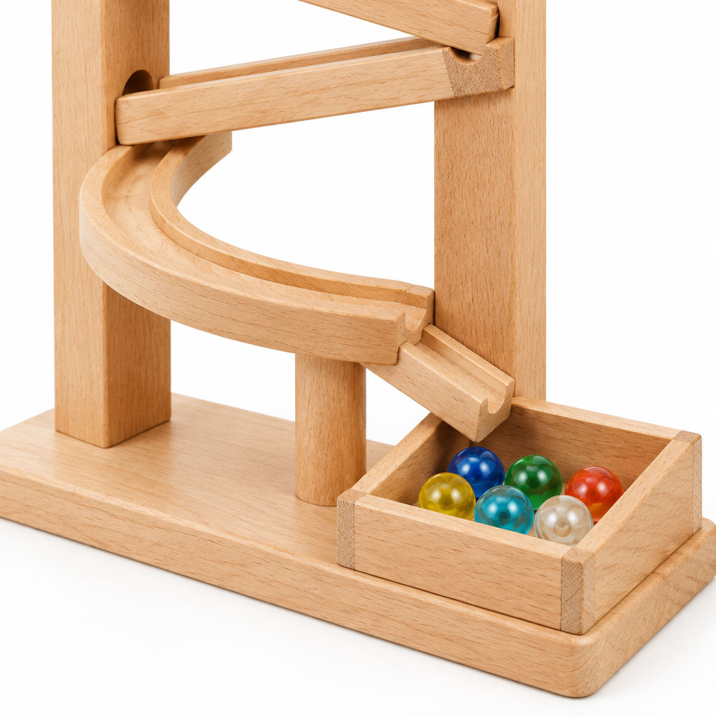 Close-up of a glass marble rolling down the natural wooden zigzag track