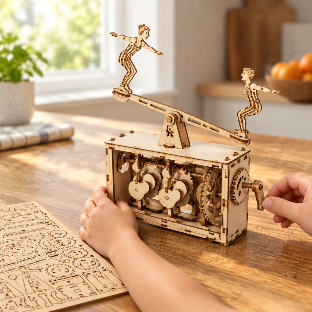 Child's hands turning the crank of the circus automaton at a kitchen table