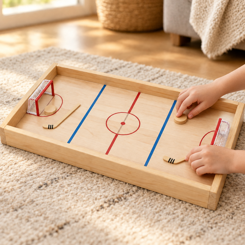 Child's hands flicking a wooden puck across the hockey board on a living room floor