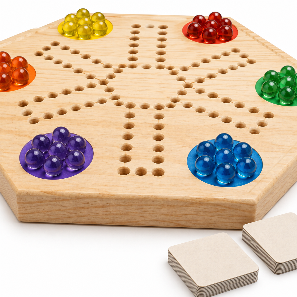 Close-up of colored glass marbles sitting in the drilled holes of the pine board