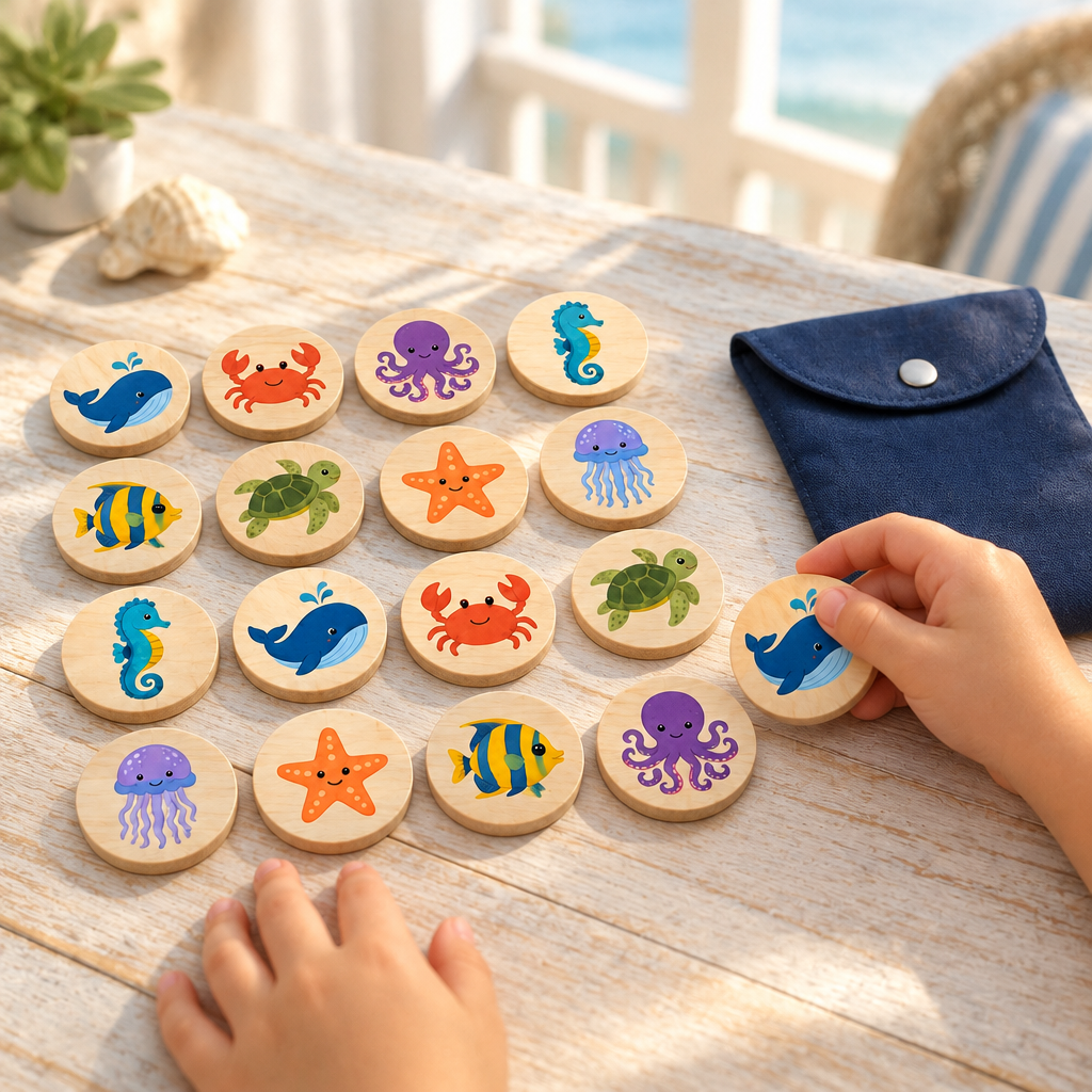 Child's hands matching ocean animal tiles on a beach house porch