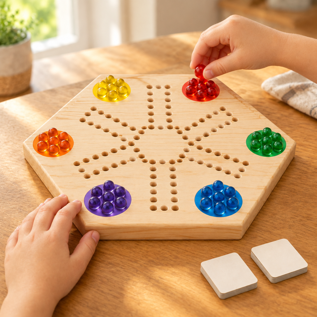 Child's hands moving a glass marble along the race board at a kitchen table