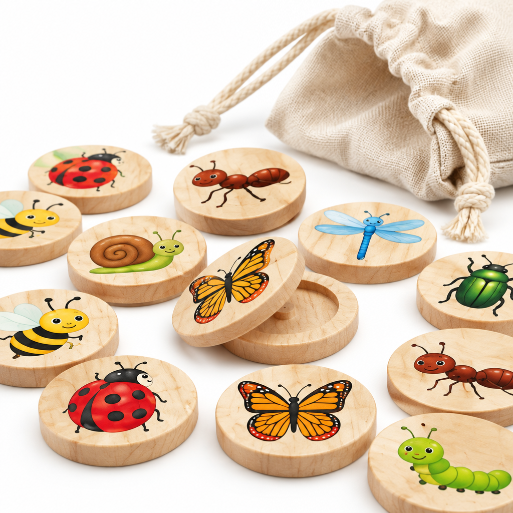 Close-up of wooden discs printed with a ladybug, bee and snail