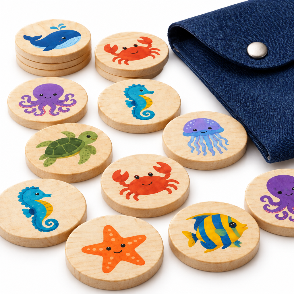 Close-up of wooden tiles printed with a whale, octopus and seahorse