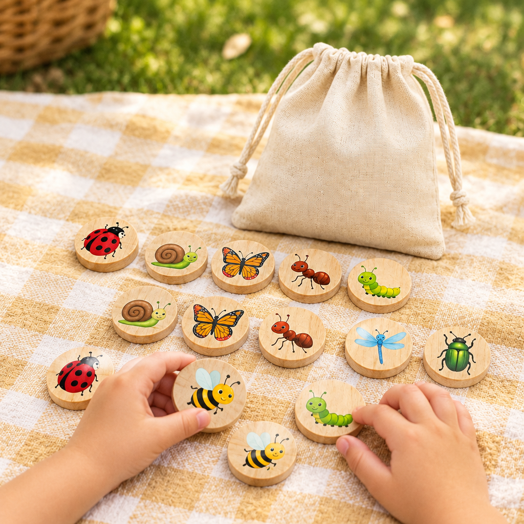 Child's hands flipping garden bug memory discs on a blanket in the backyard